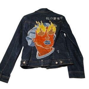 Hand-Painted Dark Blue Denim Jean Jacket with Fiery Portrait